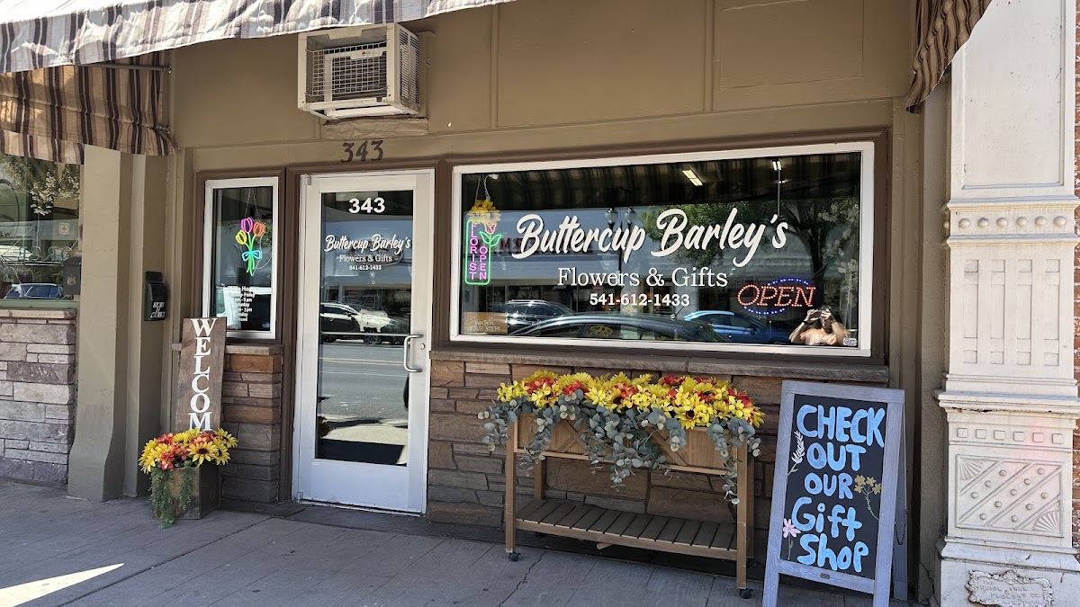 The Buttercup Barley's Flowers & Gifts storefront on S Main Street in downtown Pendleton