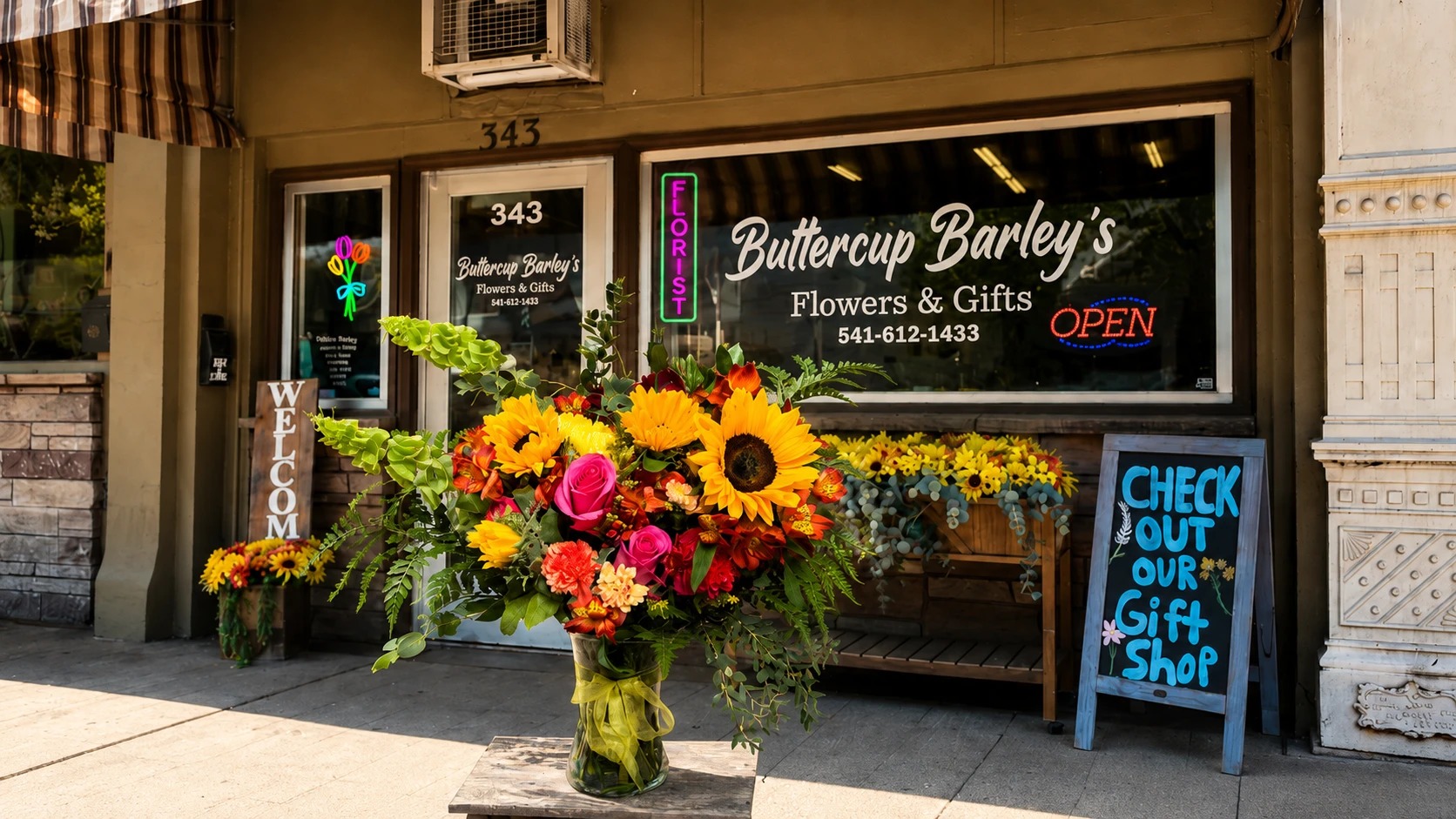 The Buttercup Barley's Flowers & Gifts storefront on S Main Street in downtown Pendleton, with a vivid sunflower and rose bouquet out front